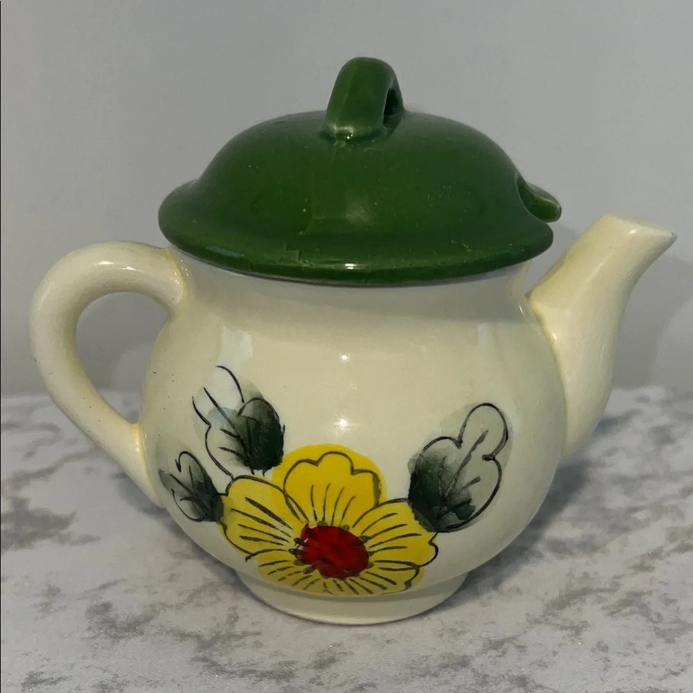 Vintage Japanese Floral Ceramic Teapot with Green Lid